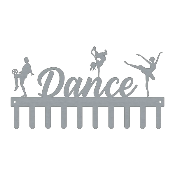 Steel wall art featuring the word 'Dance' in elegant script, with three dancers in action poses above. Includes hooks for hanging items.